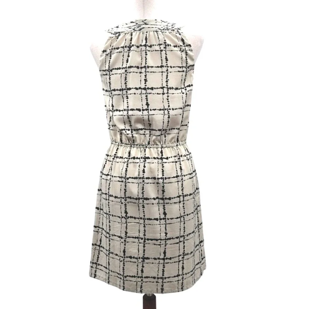 Loft Sleeveless Dress Cream & Black‎ Plaid Print Ruffle Neck Summer Casual